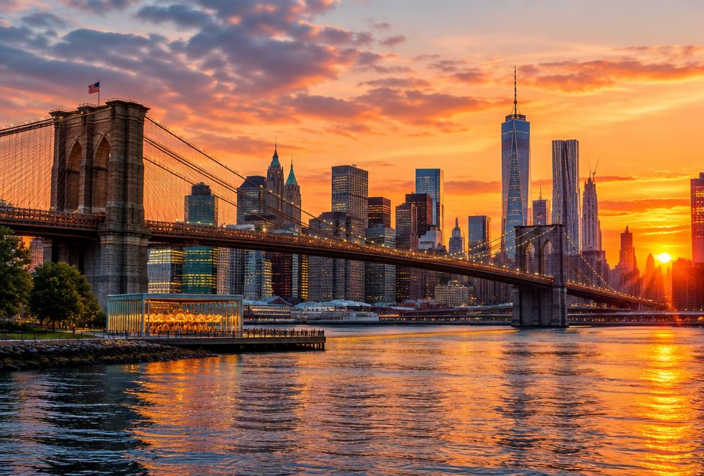 New York silueti ve Brooklyn Köprüsü