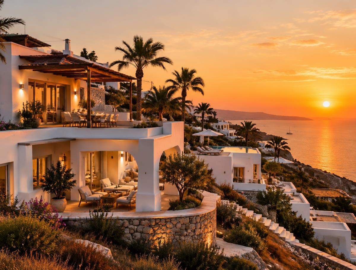Gün batımında deniz manzaralı Akdeniz villaları