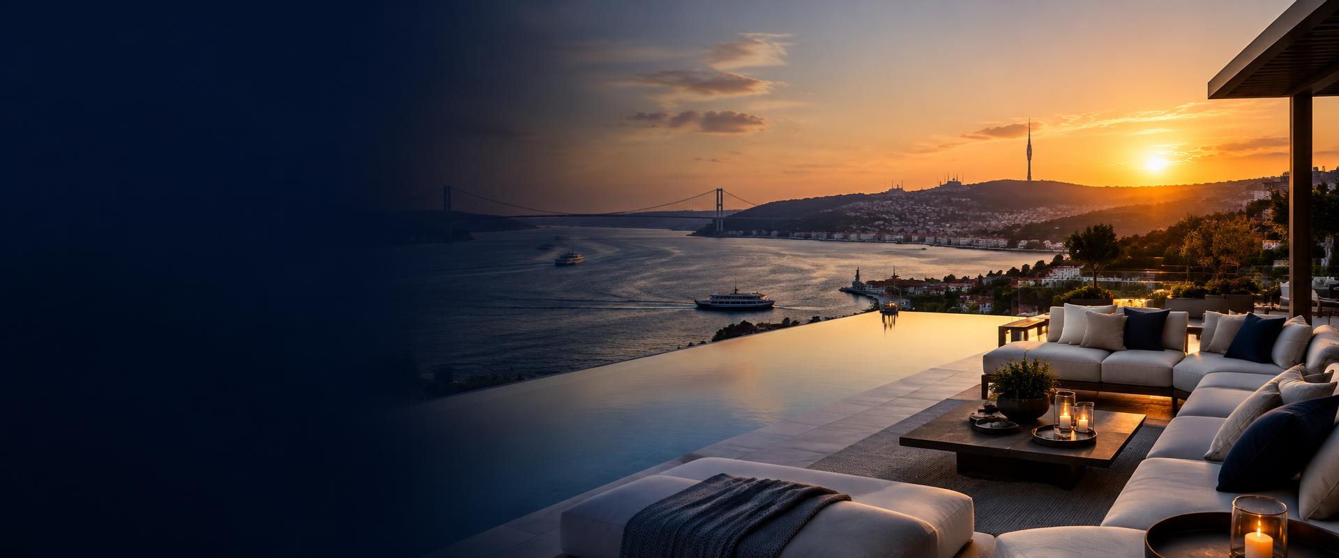 Gün batımında Boğaz manzaralı teras ve sonsuzluk havuzu